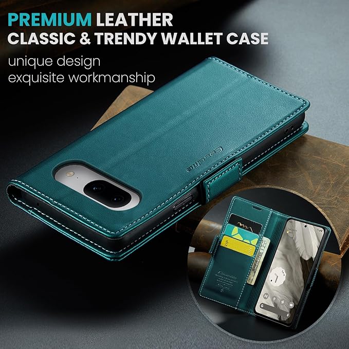 for Google Pixel 8 Case, Premium PU Leather Wallet Case Flip Cover with [RFID Blocking][Card Holder][Stand Function] Shockproof Protective for Google 8, Blue-Green