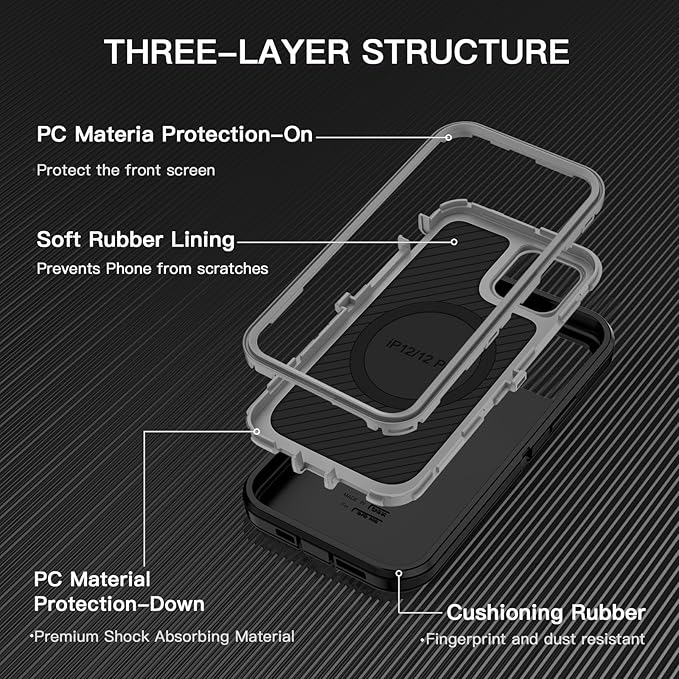 for iPhone 12 Case,iPhone 12 Pro Case [Compatible with MagSafe] Shockproof 3-Layer Full Body Protection Rugged Heavy Duty Cover for Apple iPhone 12/12 Pro 6.1",Black/Grey