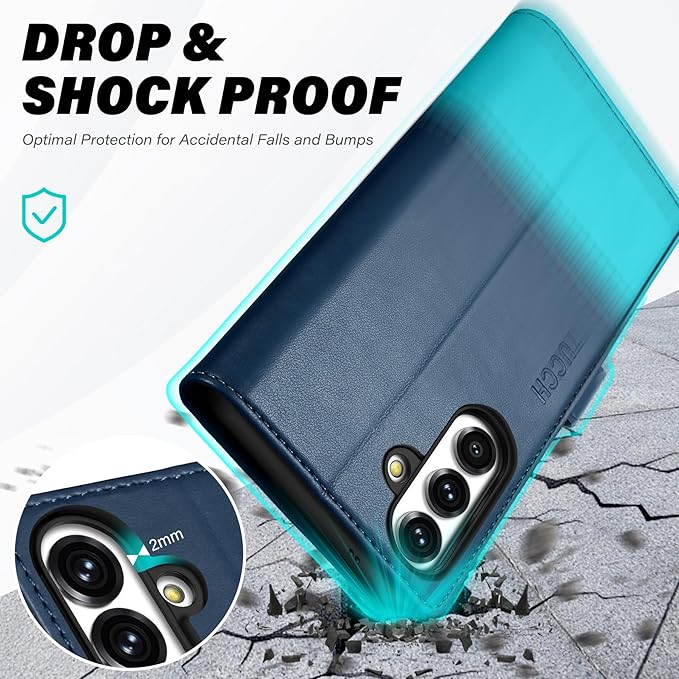 TUCCH Wallet Case for Galaxy S25 FE 5G, [RFID Blocking] 4 Card Slots Magnetic PU Leather Kickstand Folio Phone Cover with [TPU Shockproof Inner Shell] (6.7") 2025, Blue & Lake Blue