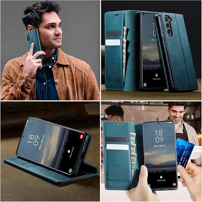 Wallet Case for Samsung Galaxy S21 Plus Leather Wallet Flip Cover with Card Holder, Kickstand, Magnetic Closure, RFID Blocking TPU Shockproof Phone Case Compatible with S21 Plus, Blue-Green