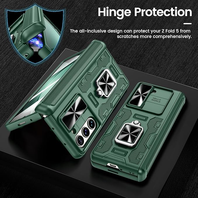 VEGO for Galaxy Z Fold 5 Case with Stand, 360°Ring Magnetic Kickstand & Hinge Protection & Front Screen Protector & Camera Cover & Belt Clip Holster Cover - Dark Green