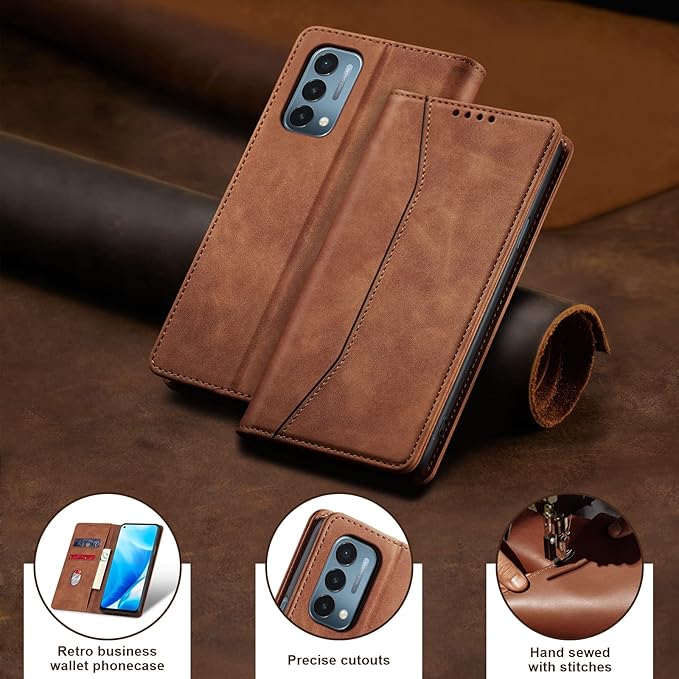 Jasonyu Flip Wallet Case for OnePlus Nord N200 5G,Leather Magnetic Folio Cover with Card Holder,Kickstand - TPU Shockproof Durable Protective Phone Case,Brown