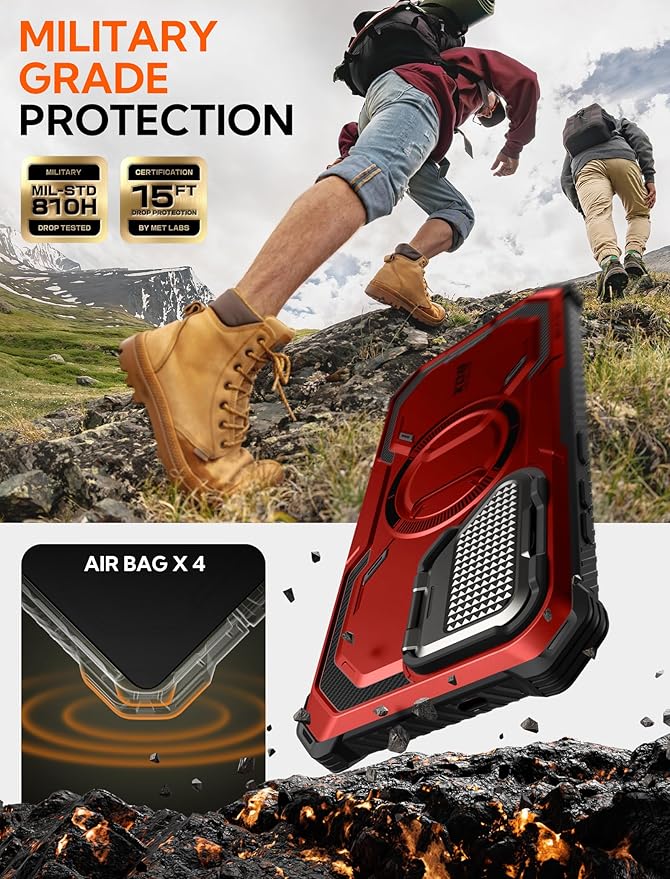 i-Blason for Samsung Galaxy S25 Case with Camera Cover Stand [MagSafe Compatible] [Built-in Screen Protector] Full-Body Military-Grade Protection Rugged Magnetic Phone Case for S25 6.2'', Red