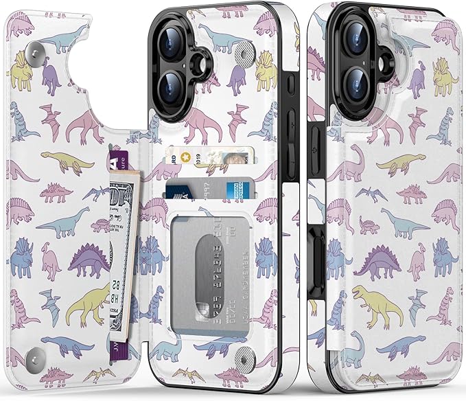 FUNMIKO for iPhone 16 Wallet Case with Card Holder, RFID-Blocking, Military-Grade Protection & UV-Printed Artwork, Magnetic Closure with Leather Kickstand - Vibrantly Cute Dinosaur