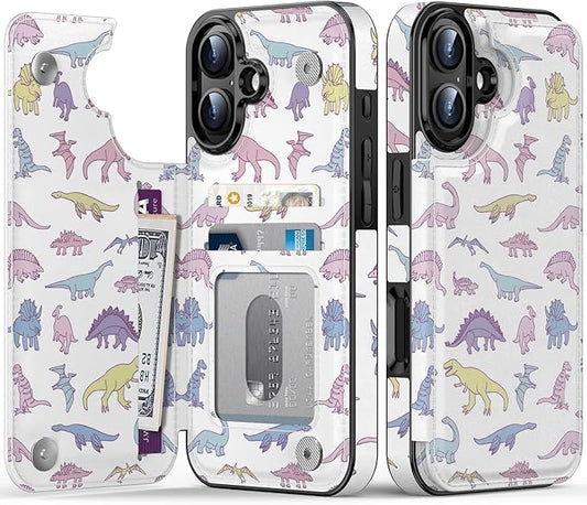 FUNMIKO for iPhone 16 Wallet Case with Card Holder, RFID-Blocking, Military-Grade Protection & UV-Printed Artwork, Magnetic Closure with Leather Kickstand - Vibrantly Cute Dinosaur