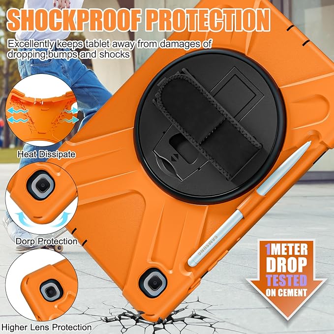 BRAECNstock for Samsung Galaxy Tab S6 Lite 10.4 Inch Case 2024/2022/2020 (SM-P620/P610/P619) with Pen Holder Rotating Kickstand + Hand Strap Shockproof Protective Kids Case for Galaxy S6 Lite - Orange