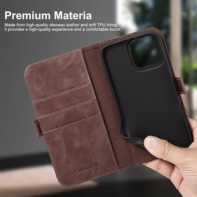 Case for iPhone 16 Pro 6.3" 2024-Genuine Leather Folio Magnetic Closure RFID Blocking Card Holder Kickstand Full Protection Phone Case Compatible with iPhone 16 Pro (Darkbrown)