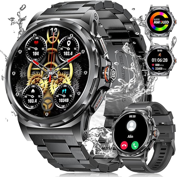 LIGE Military Smart Watch for Men(Answer/Make Call),1.43" HD AMOLED Rugged Smartwatch for iPhone Android Phone,Fitness Watch,Black Sport Watch with 120+ Sport Modes/5ATM Waterproof