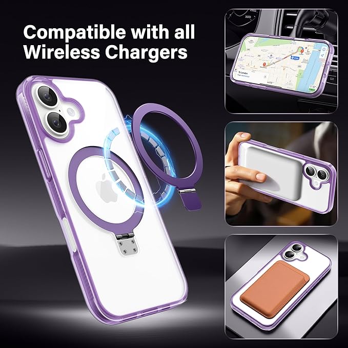 Magnetic Case for iPhone 17 - [Built-in Invisible Stand] [Compatible with MagSafe] [Military Grade Drop Protection] Anti-Yellowing Hard Back Silicone Edge Cover, 6.3", Clear Purple