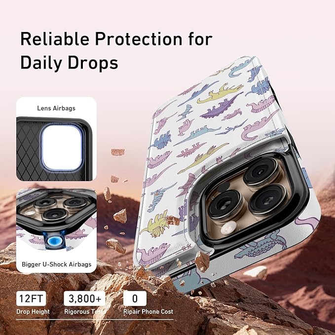 FUNMIKO for iPhone 16 Pro Max Wallet Case with Card Holder, RFID-Blocking, Military-Grade Protection & UV-Printed Artwork, Magnetic Closure with Leather Kickstand - Vibrantly Cute Dinosaur