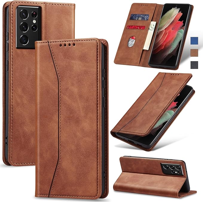 Jasonyu Flip Wallet Case for Samsung Galaxy S21 Ultra 5G,Leather Magnetic Folio Cover with Card Holder,Kickstand - TPU Shockproof Durable Protective Phone Case,Brown
