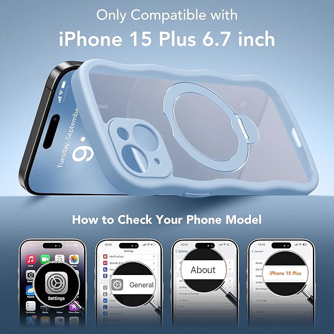 GolbinBox for iPhone 15 Plus Case for Women,[Compatible with Magsafe][360° Spin Magnetic Stand][Cute Wave Edge][Military-Grade Protection] Translucent Matte Phone Case for iPhone 15 Plus, Sky Blue