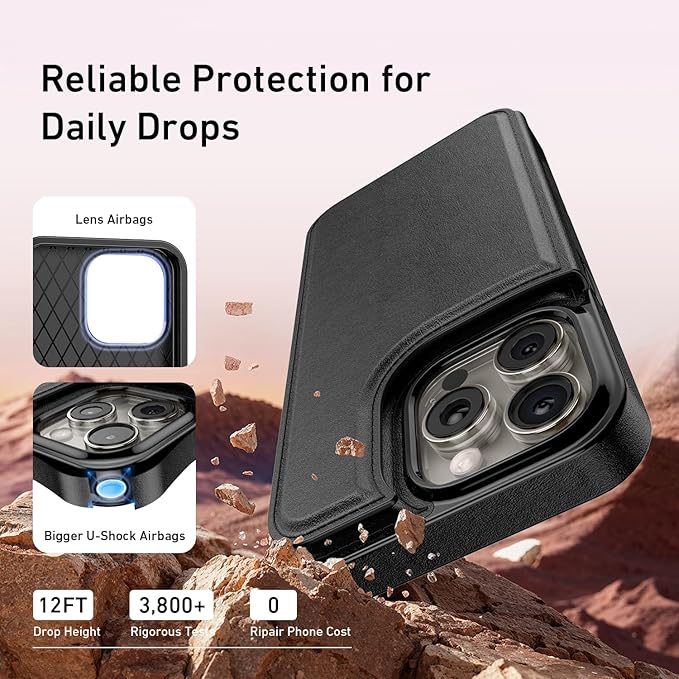 FUNMIKO for iPhone 13 Pro Wallet Case with Card Holder, RFID-Blocking, Military-Grade Protection & UV-Printed Artwork, Magnetic Closure with Leather Kickstand - Black