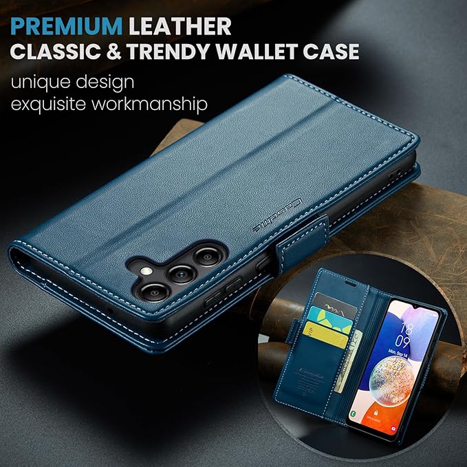 for Samsung Galaxy A14 4G/5G Case, Premium PU Leather Wallet Case Flip Cover with [RFID Blocking][Card Holder][Stand Function] Shockproof Protective for Samsung Galaxy A14, Blue