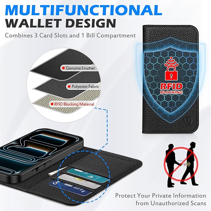 SHIELDON Case Wallet for iPhone 17 6.3 Inch 5G 2025 | Genuine Leather, Magnetic Closure, Kickstand, RFID Blocking Credit Card Holder, Foldable, Shockproof Phone Cover - Pebbled Black