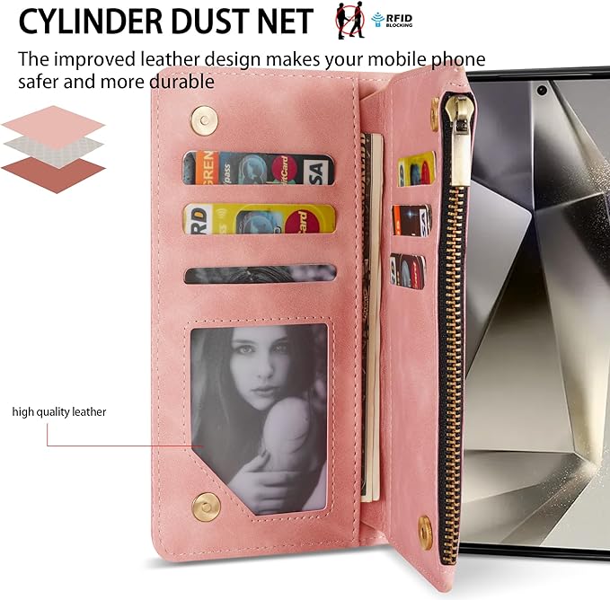 ZZXX for Samsung Galaxy S24 Ultra Wallet Case with RFID Blocking Card Slot PU Leather Zipper Flip Folio with Strap Kickstand Protective Cover for Samsung Galaxy S24 Ultra Case Wallet(Pink-6.8 inch)