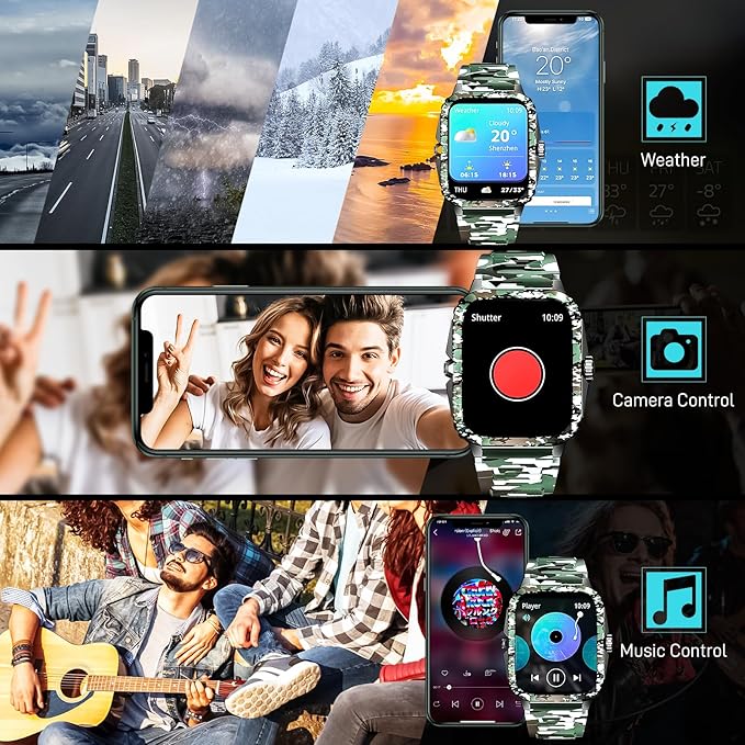 Military Smart Watches for Men (Make/Answer Call) 1.96" Screen Outdoor Activity Tracker with 100+ Sport Modes Health Monitor 3ATM Waterproof Smartwatch (Camouflage Green)