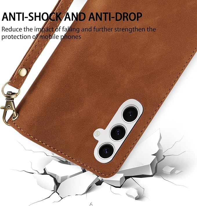 ZZXX for Samsung Galaxy S24 Wallet Case with RFID Blocking Card Slot PU Leather Zipper Flip Folio with Strap Kickstand Protective Cover for Samsung Galaxy S24 Case Wallet(Brown-6.2 inch)