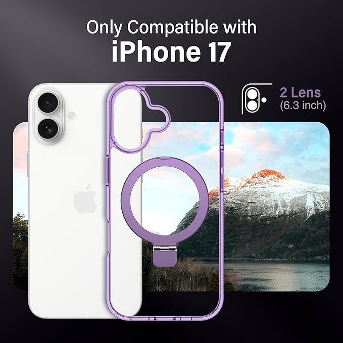 Magnetic Case for iPhone 17 - [Built-in Invisible Stand] [Compatible with MagSafe] [Military Grade Drop Protection] Anti-Yellowing Hard Back Silicone Edge Cover, 6.3", Clear Purple