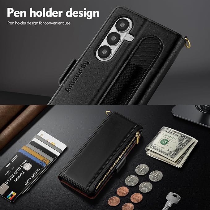 Antsturdy Compatible with Samsung Galaxy Z Fold7 Case Wallet with Card Holder,Z Fold 7 5G Phone Case with Strap Shockproof PU Leather RFID Blocking Flip Cover Credit Card Slots Women Men,Black