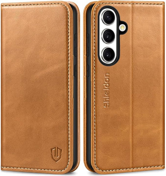 SHIELDON Case for Galaxy S25 Plus 5G, Genuine Leather Wallet Case, RFID Blocking Credit Card Holder Kickstand Magnetic Folio Protective Cover Compatible with Galaxy S25+ 6.7" - Retro Light Brown