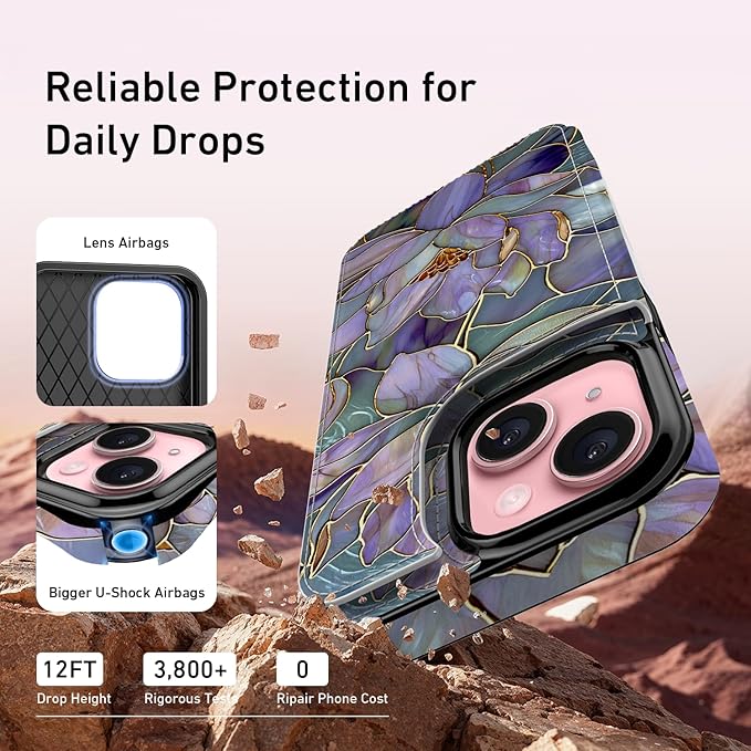 FUNMIKO for iPhone 14 Wallet Case with Card Holder, RFID-Blocking, Military-Grade Protection & UV-Printed Artwork, Magnetic Closure with Leather Kickstand - Dreamy Lotus