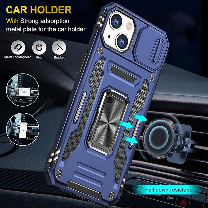 Case for iPhone 14 Plus Phone Case with Camera Lens Cover, with Ring Holder Kickstand, fit Magnetic Car Mount, for iPhone 14 Plus (Navy Blue)