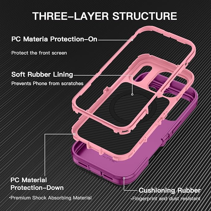 for iPhone 17 Pro Max Case [Compatible with MagSafe] Shockproof 3-Layer Full Body Protection [Without Screen Protector] Rugged Heavy Duty Cover Case for Apple iPhone 17 Pro Max,Purple/Pink