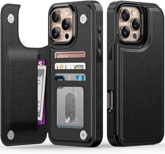 FUNMIKO for iPhone 16 Pro Max Wallet Case with Card Holder, RFID-Blocking, Military-Grade Protection & UV-Printed Artwork, Magnetic Closure with Leather Kickstand - Black