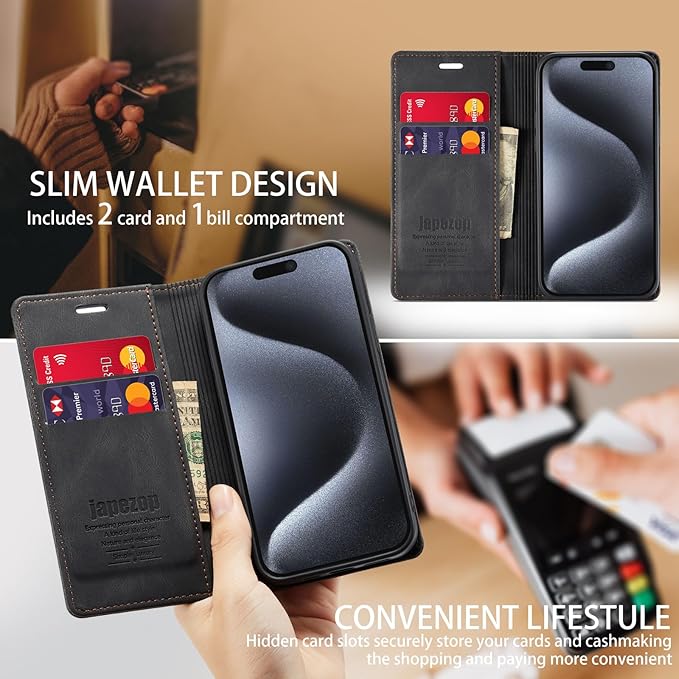 japezop iPhone 15 Pro 5G Wallet Case with [RFID Blocking],Card Holder Kickstand Magnetic,Leather Flip Case Wallet for iPhone 15 Pro 5G 6.1 Inch (Black)