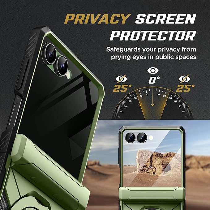 TONGATE 360° Spin Magnetic Stand for Z Flip 7 Case with Privacy Screen Protector, [Compatible with Magsafe] [Anti Spy] Full-Body Shockproof Samsung Galaxy Z Flip 7 Case with Hinge Protection, Green