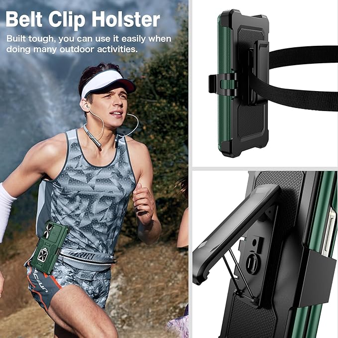 VEGO for Galaxy Z Fold 5 Case with Stand, 360°Ring Magnetic Kickstand & Hinge Protection & Front Screen Protector & Camera Cover & Belt Clip Holster Cover - Dark Green