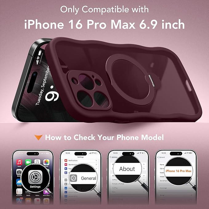 GolbinBox for iPhone 16 Pro Max Case for Women,[Compatible with Magsafe][360° Spin Magnetic Stand][Cute Wave Edge][Military-Grade Protection]Translucent Matte Phone Case for iPhone 16 ProMax, Wine Red