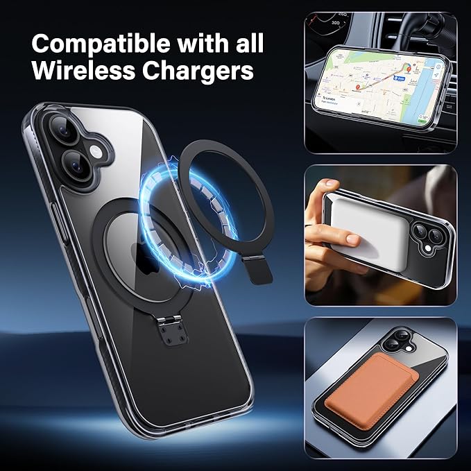 Magnetic Case for iPhone 17 - [Built-in Invisible Stand] [Compatible with MagSafe] [Military Grade Drop Protection] Anti-Yellowing Hard Back Silicone Edge Cover, 6.3", Clear Black