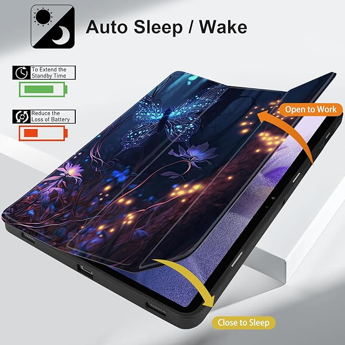 Case for Samsung Galaxy Tab S8 2022 & S7 2020, Shockproof Tablet Case for Samsung Tab S8/S7 11 inch with Auto Sleep/Wake + Trifold Stand + Soft TPU Back Cover, Glowing Flower