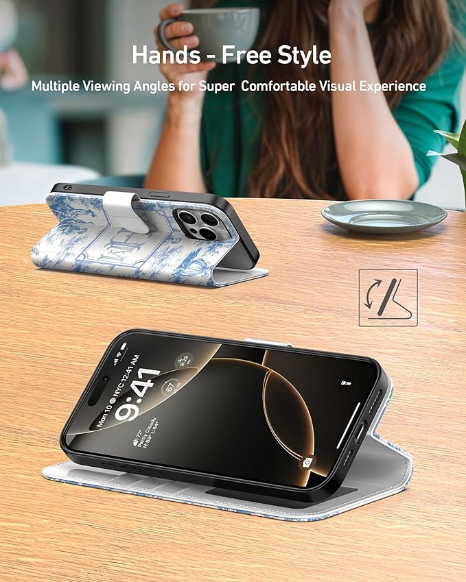 DEENAKIN for iPhone 15 Pro Max Wallet Case with Card Holder + Cash Clip, RFID-Blocking, Military-Grade Drop Protection, Magnetic Closure with Leather Kickstand - Heritage Artistry