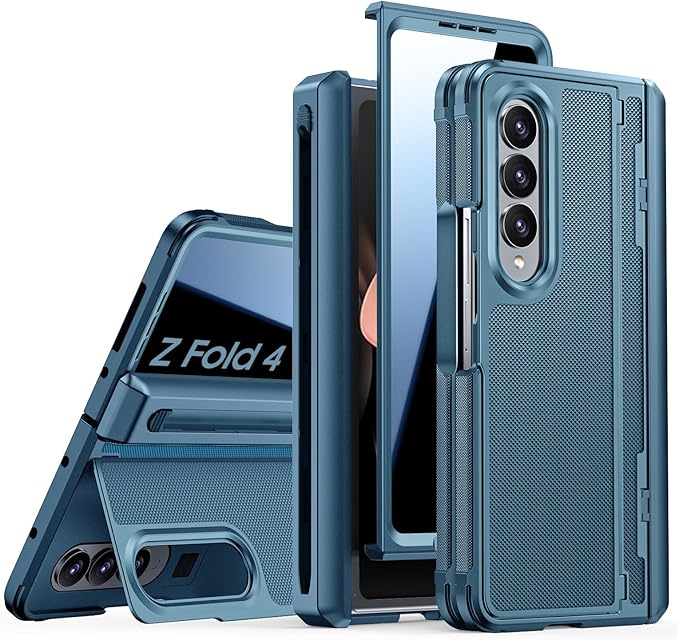for Galaxy Z Fold 4 Case, S Pen Holder & Privacy Screen Protector & Kickstand & Hinge Protection, Slim Rugged Military-Grade Shockproof Protective Phone Case for Samsung Fold 4 (Lake Blue)