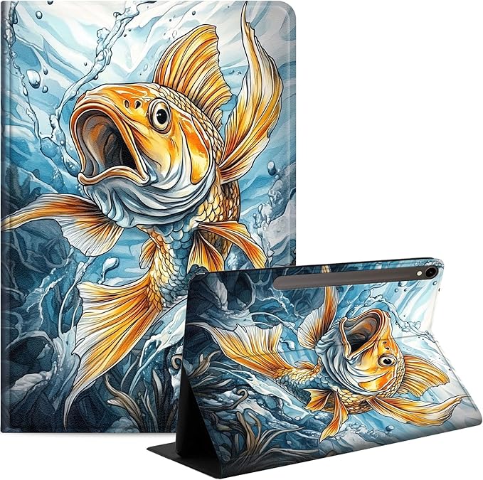Case for Samsung Galaxy Tab S10 FE/ S9 FE 5G 10.9 Inch/Tab S9 11 Inch, Slim PU Leather Stand Cover with Auto Wake/Sleep, Multi-Angle Viewing & Shockproof, Angry Carp