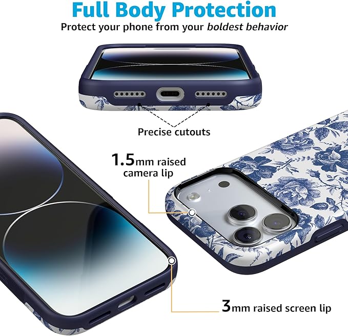 Casely iPhone 17 Pro Case | Rose to Fame | Blue & White Rose Floral | Compatible with MagSafe | Bold Protective Design