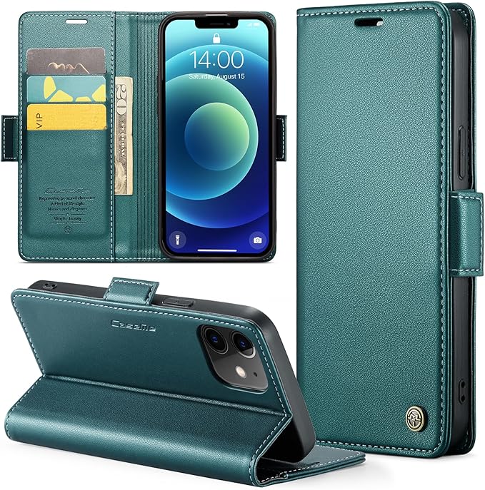 for iPhone 12/12 Pro Case, Premium PU Leather Wallet Case Flip Cover with [RFID Blocking][Card Holder][Stand Function] Shockproof Protective for iPhone 12 Pro/12, Blue-Green