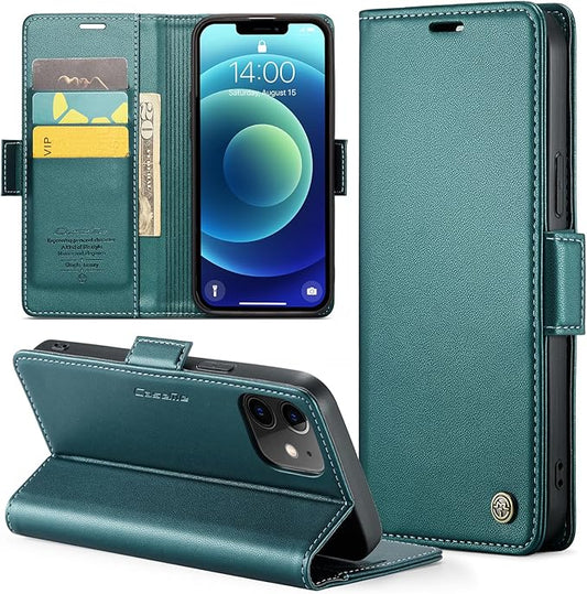 for iPhone 12/12 Pro Case, Premium PU Leather Wallet Case Flip Cover with [RFID Blocking][Card Holder][Stand Function] Shockproof Protective for iPhone 12 Pro/12, Blue-Green