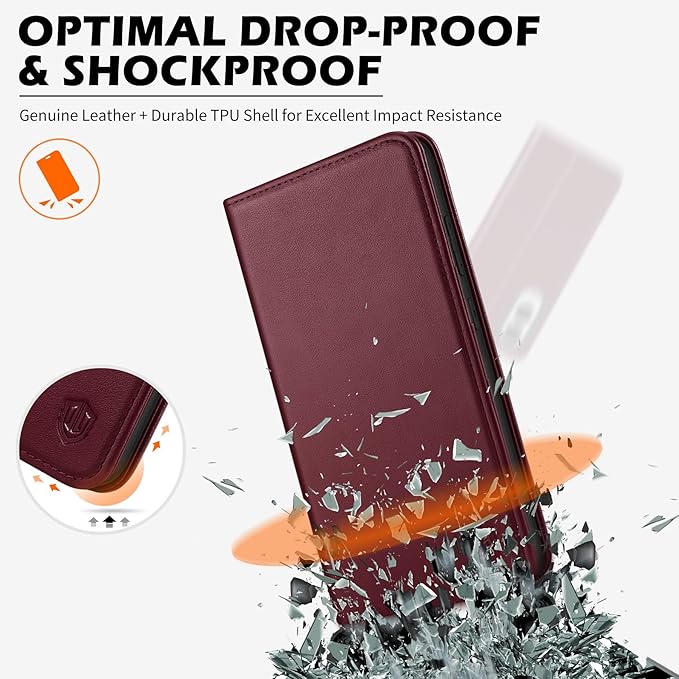 SHIELDON Wallet Case for Galaxy S25 Edge 5G 6.7", Genuine Leather Flip Magnetic Cover RFID Blocking Card Slot Kickstand Shockproof Protective Case Compatible with Galaxy S25 Edge 2025 - Nappa Wine Red