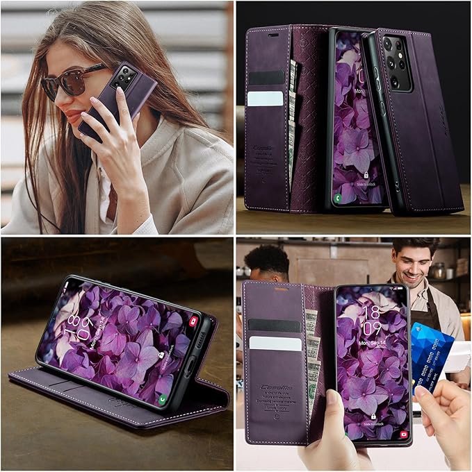 Wallet Case for Samsung Galaxy S21 Ultra Leather Wallet Flip Cover with Card Holder, Kickstand, Magnetic Closure, RFID Blocking TPU Shockproof Phone Case Compatible with S21 Ultra, Purple