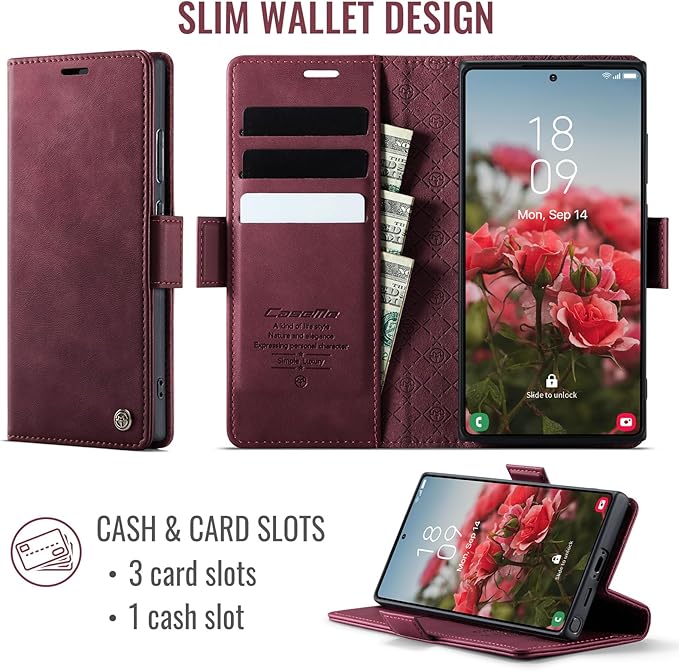 Wallet Case for Samsung Galaxy S23 Ultra Leather Wallet Flip Cover with Card Holder, Kickstand, Magnetic Closure, RFID Blocking TPU Shockproof Phone Case Compatible with S23 Ultra, Red