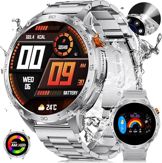 LIGE 1.75" Super Large AMOLED Round Smart Watches for Men with LED Flashlights, Outdoor Military Smartwatch for Android iOS, 100+ Sports, IP68 Waterproof, 200+ Watch Faces, 730mAh, Silver Metal Strap