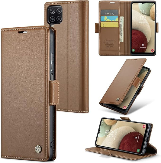 for Samsung Galaxy A12 5G Case, Premium PU Leather Wallet Case Flip Cover with [RFID Blocking][Card Holder][Stand Function] Shockproof Protective for Samsung Galaxy A12, Brown