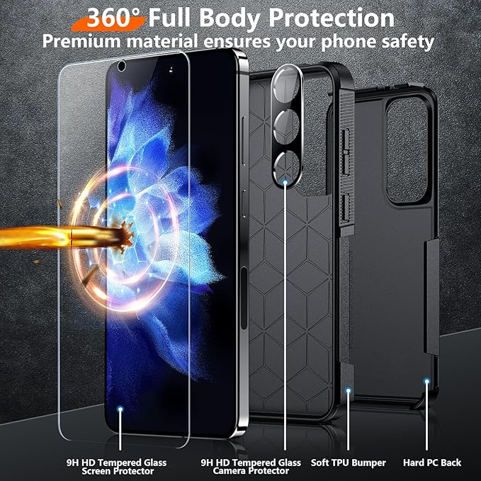 Red2Fire for Samsung Galaxy S24 Case, with 2Pcs [Tempered Glass Screen Protector+Camera Protector][Military Grade Shockproof] Heavy Duty Full Body Protection Phone Case for S24 Case,Black
