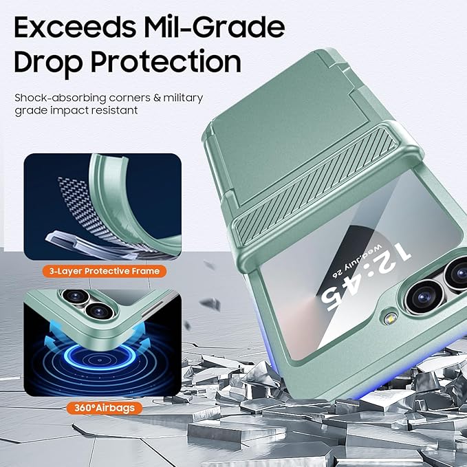 CENMASO for Samsung Galaxy Z Flip 6 Case/Z Flip 7 FE Case with Card Holder [RFID Blocking] & Hinge Protection & Screen Protector, Full-Body Shockproof Phone Case for Z Flip 6/Z Flip 7 FE-Mint Green