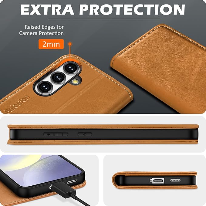 SHIELDON Case for Galaxy S25 Plus 5G, Genuine Leather Wallet Case, RFID Blocking Credit Card Holder Kickstand Magnetic Folio Protective Cover Compatible with Galaxy S25+ 6.7" - Retro Light Brown