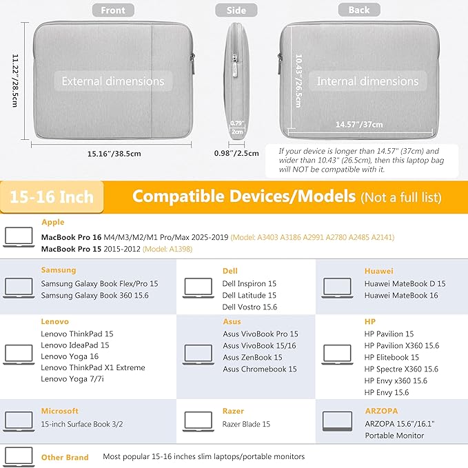 HYZUO 15-16 Inch Laptop Sleeve Bag Set for MacBook Pro 16 M4/M3/M2/M1 Pro/Max, 15" Surface Book, Notebook Case for 15" 15.6" HP Dell Lenovo ThinkBook Asus Acer Samsung Huawei, Light Gray